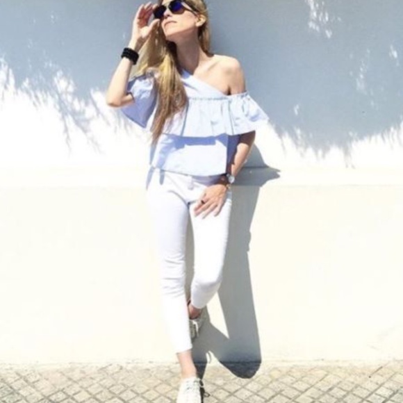 Zara Tops - New ZARA Off The Shoulder Asymmetric Blue Striped Ruffled Poplin Top Blouse